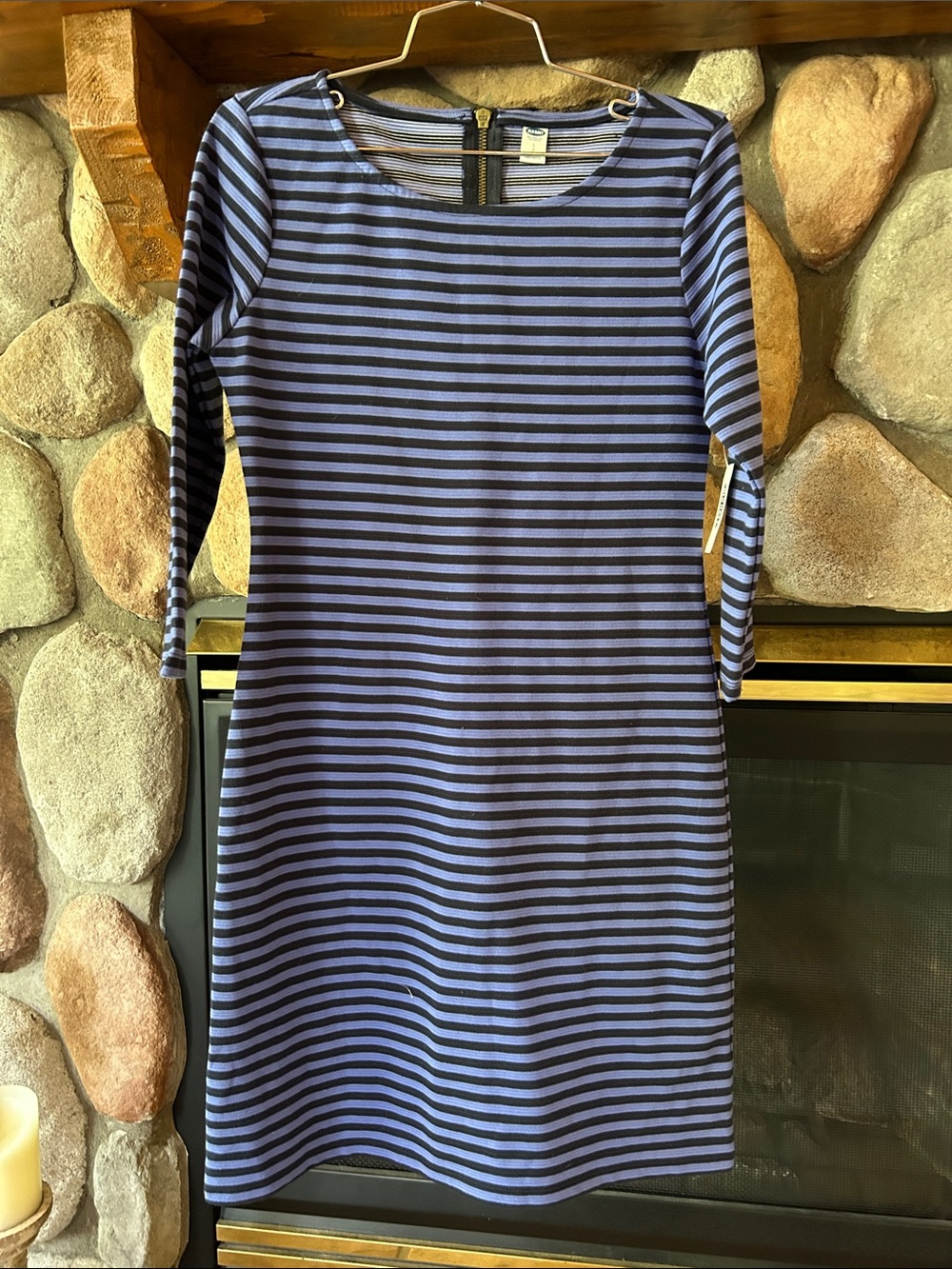Old Navy Blue and Black Striped 3/4 Sleeve Ottoman-Knit Dress, Size S, NWT